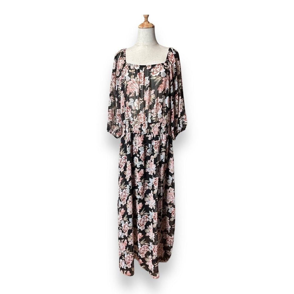 Cure Floral Pink White Black Dress Elastic Sheer Arms Size 2XL‎